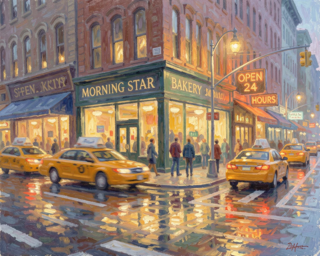 A bustling New York street corner at dusk, yellow taxis streaming past glowing shopfronts.