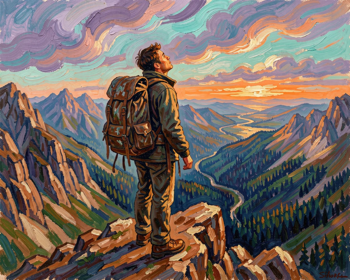 A traveler with a weathered backpack pausing atop a mountain ridge to take in the view.