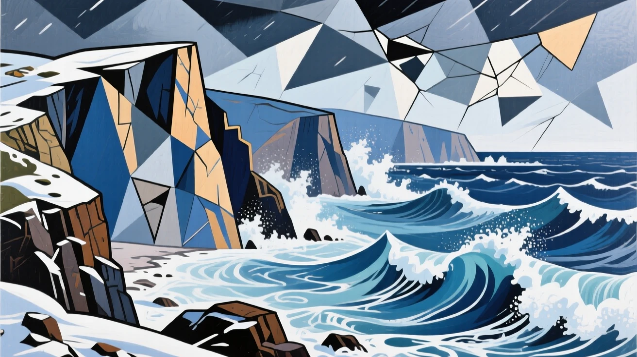 A rugged coastline battered by powerful waves during a dramatic winter storm.