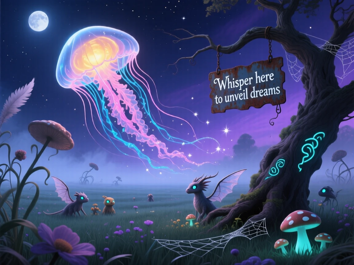 A jellyfish drifting through the night sky like a slow lantern moves silently through a fog-covered meadow, as small creatures gather quietly to watch it pass.