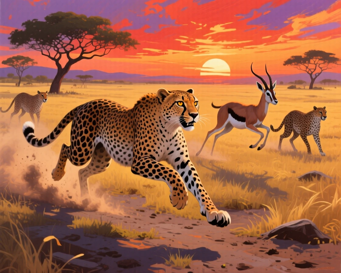 A cheetah sprints across the open savanna in pursuit of a gazelle, dust kicking up behind its powerful strides beneath a brilliant African sunset, other members of its group visible nearby, reinforcing the social nature of the scene.