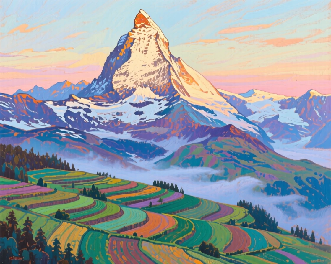 The Matterhorn's sharp peak catching first light, wrapped in soft morning fog, terraced fields spreading out below