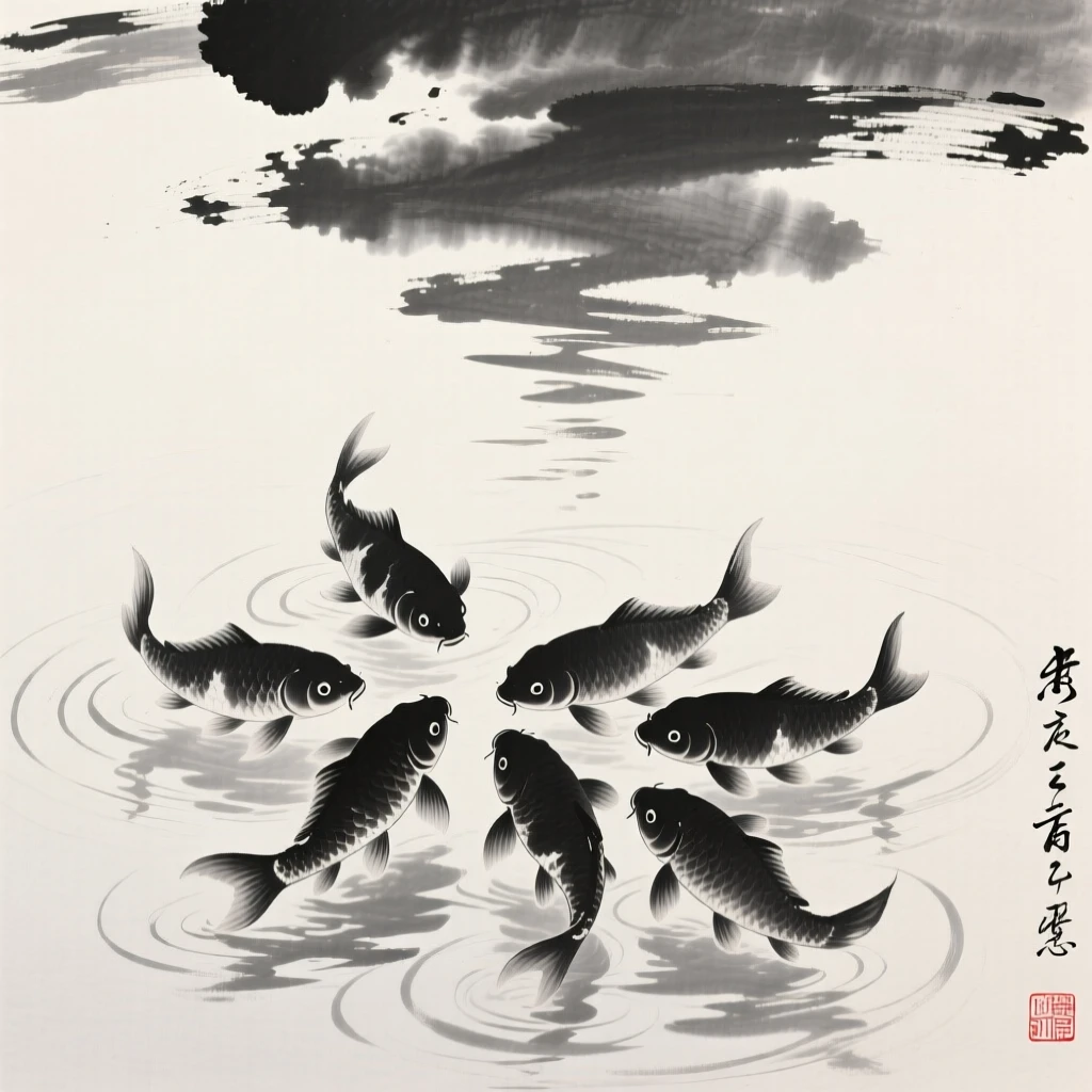 Koi fish gather near the surface as ripples spread outward, with the reflection of clouds shimmering on the surface.