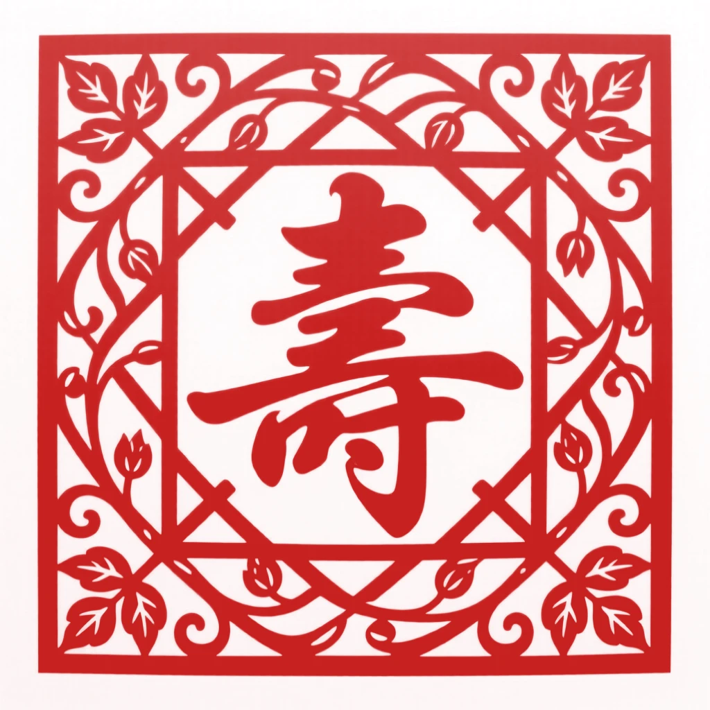 A design of a square lattice frame featuring scrolling vines framing a central shou character, rendered in perfectly balanced symmetry.