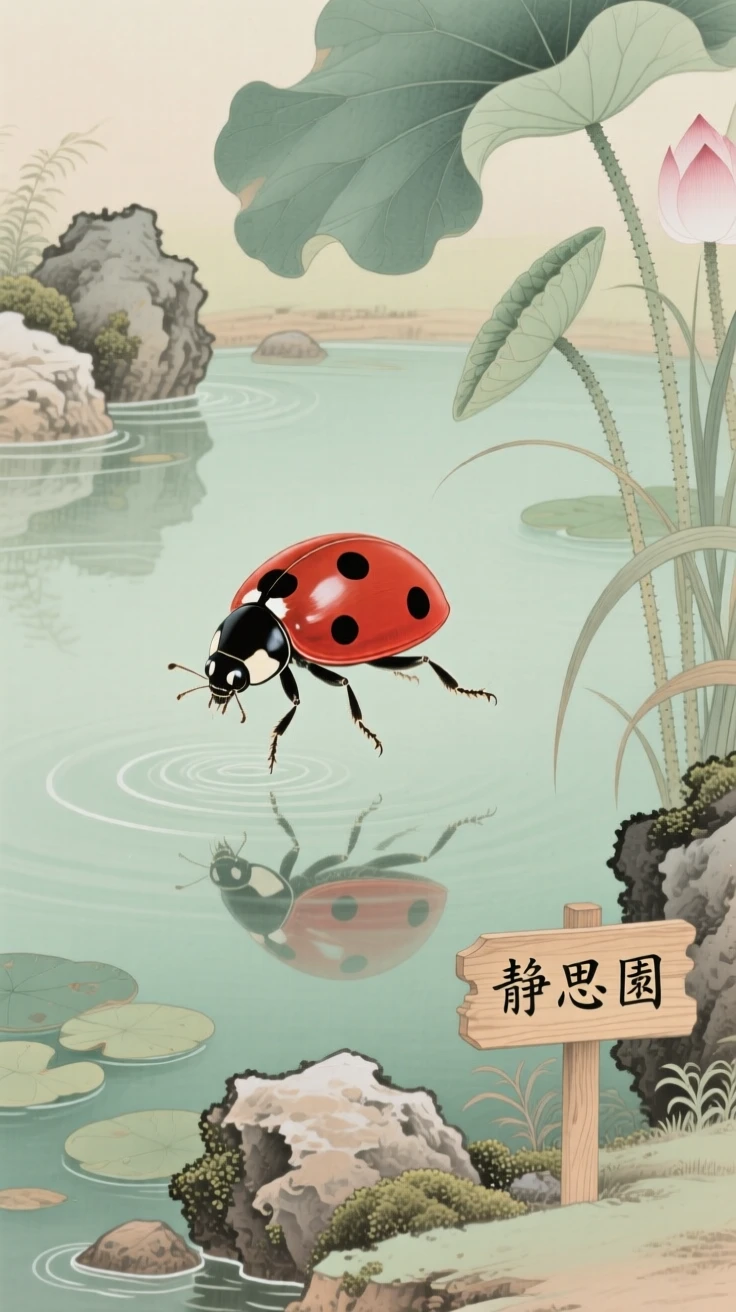 A ladybird beetle hovering above a still garden pond