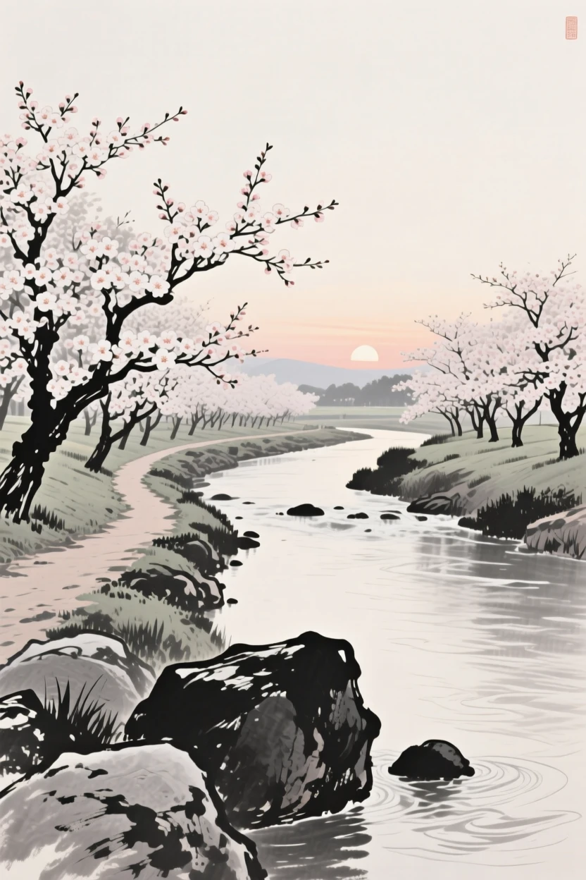 A quiet orchard in full bloom along a river path in the stillness just before sunrise, framed low, with the foreground rocks leading the eye toward the distance, carrying a feeling of timeless peace and stillness.