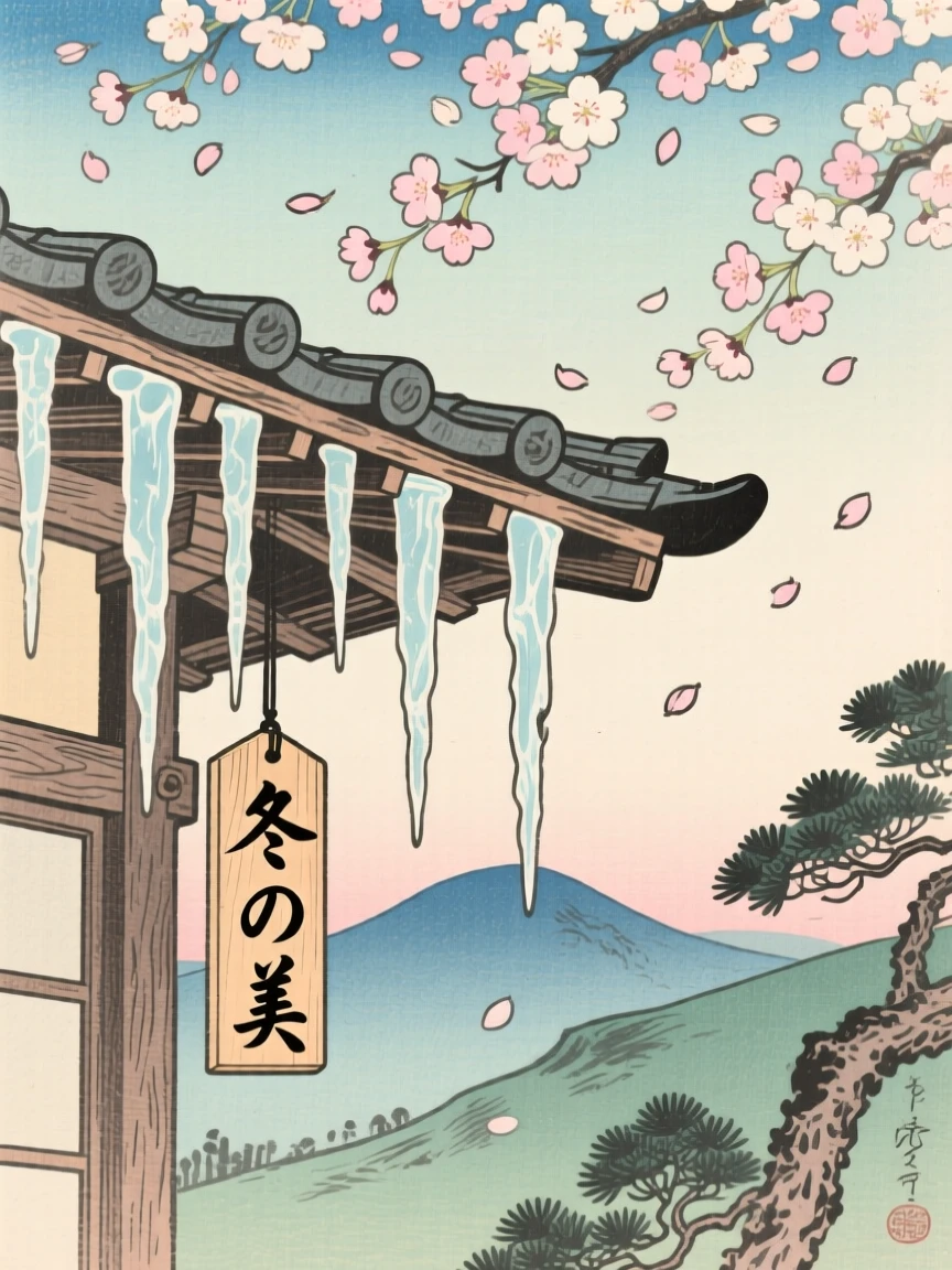 Icicles hanging from a wooden eave beneath a canopy of drifting petals.