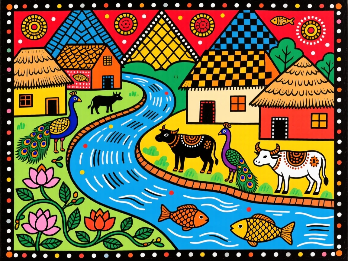 A river winding gently past a village of thatched rooftops.