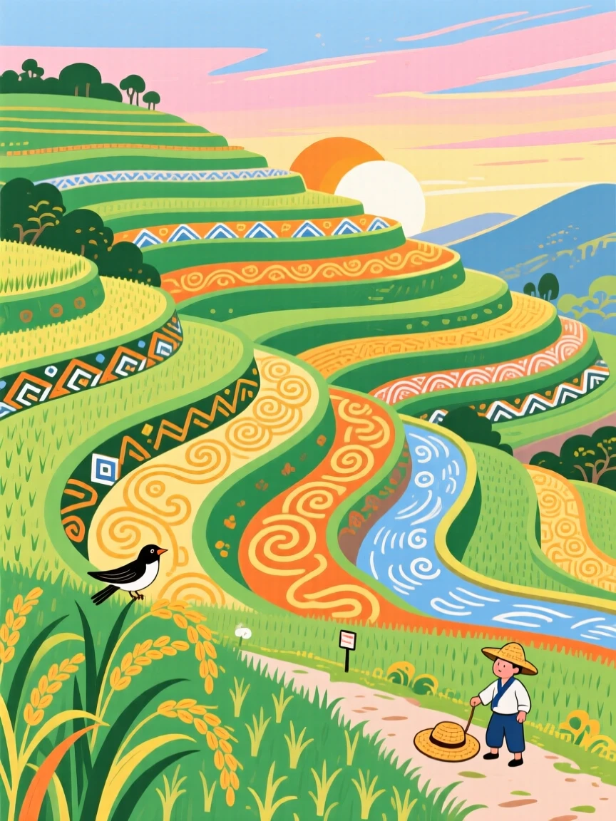 A sweeping view of terraced rice fields climbing a hillside just after sunrise.