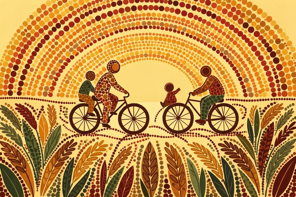 A family riding bicycles through a rice field at sunrise