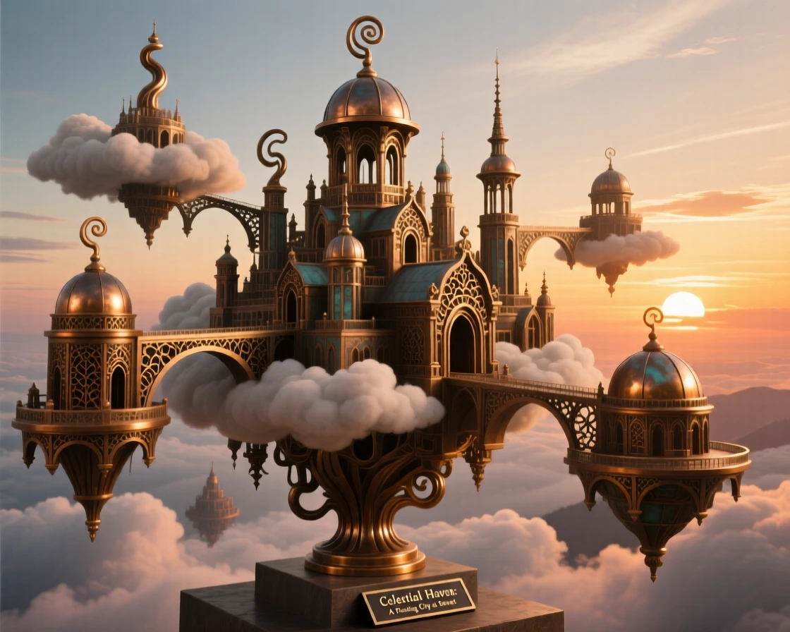 A floating city built among the clouds at sunset, with intricate, fantastical detail throughout, transporting the viewer to another world