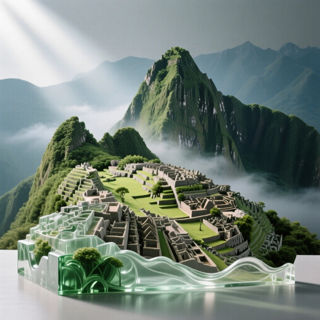 Machu Picchu perched among green peaks surrounded by lush greenery and soft morning mist, wide establishing composition, feeling serene and majestic.