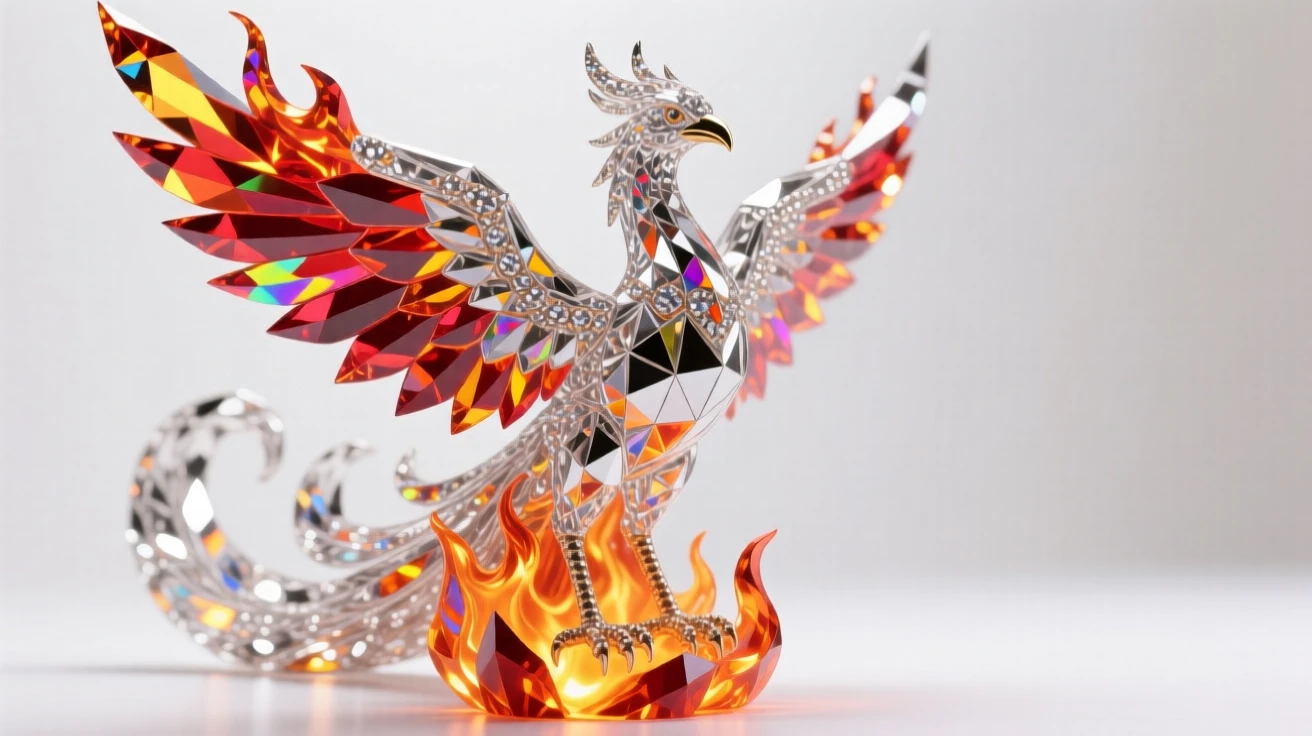 A phoenix rising from glowing embers, wings ablaze with fiery light against a dark night sky.