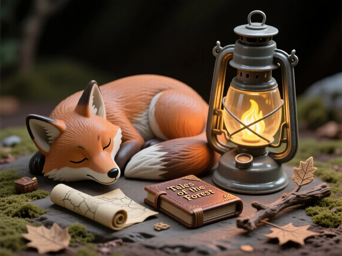 A fox curled asleep beside a glowing lantern posed mid-adventure with playful energy, surrounded by tiny, carefully placed props, stirring nostalgic delight and warm laughter.
