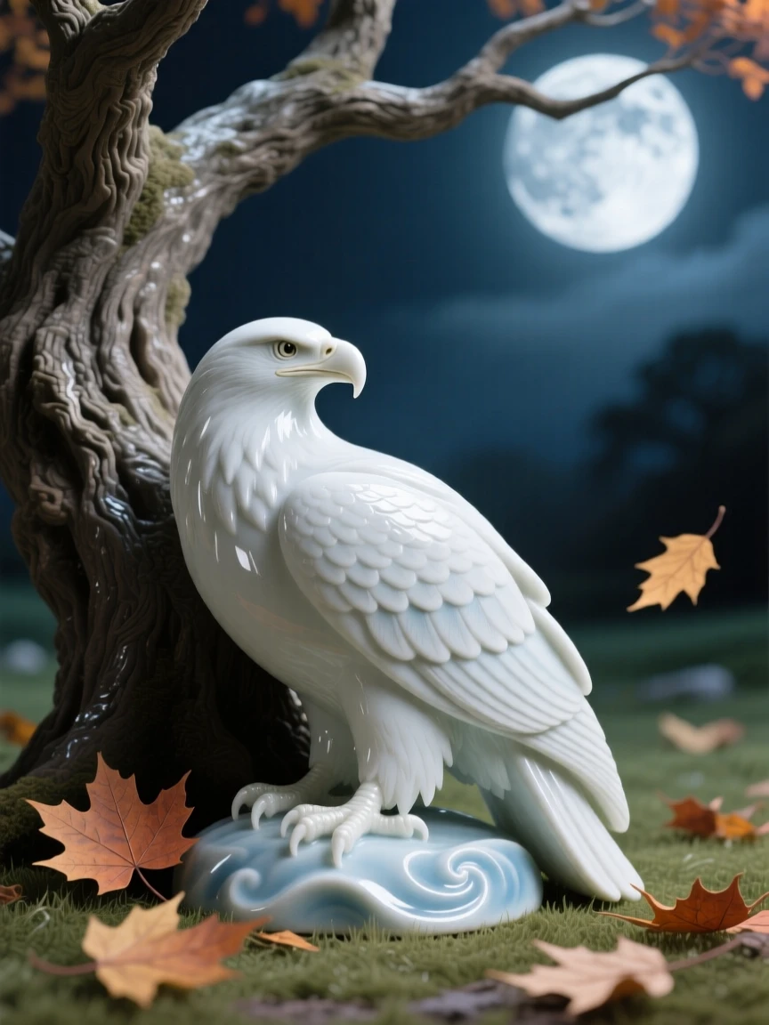 A serene eagle resting beneath a great old tree in a moonlit meadow, surrounded by drifting autumn leaves.