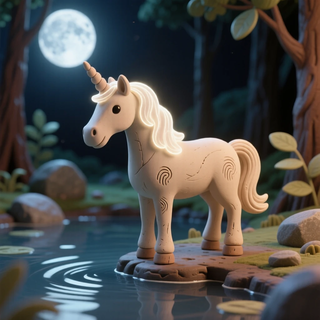 A unicorn standing at a moonlit forest pool, mane glowing faintly