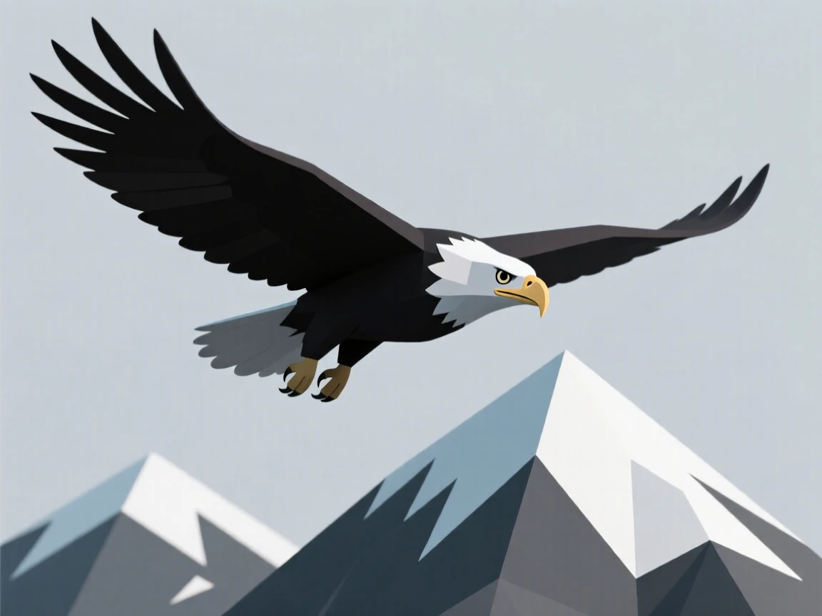 A majestic bald eagle spreads its powerful wings, soaring high above a rugged snow-capped mountain range.