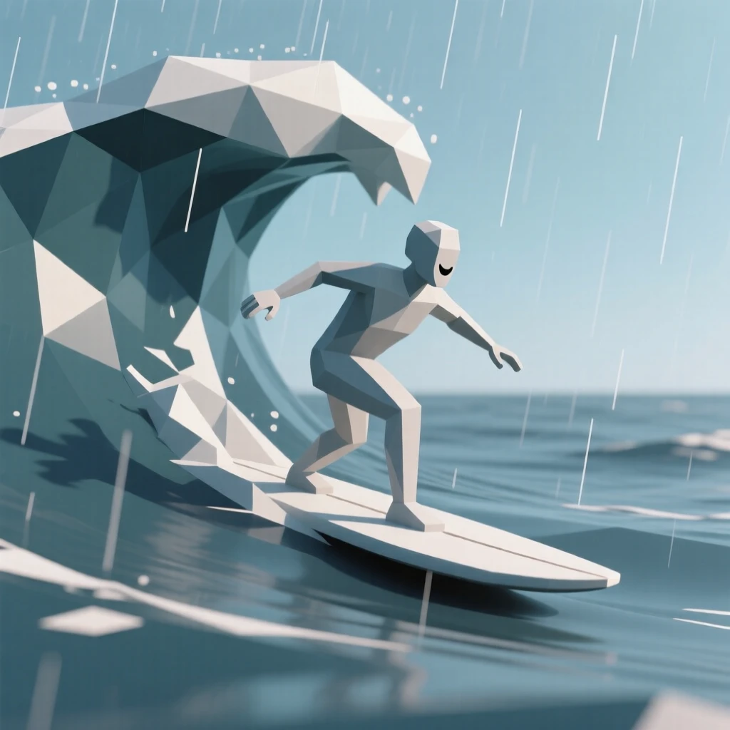 A surfer riding a powerful ocean wave, on a quiet rainy afternoon. a shallow depth of field keeps the action sharply in focus. The moment radiates confidence and joy.