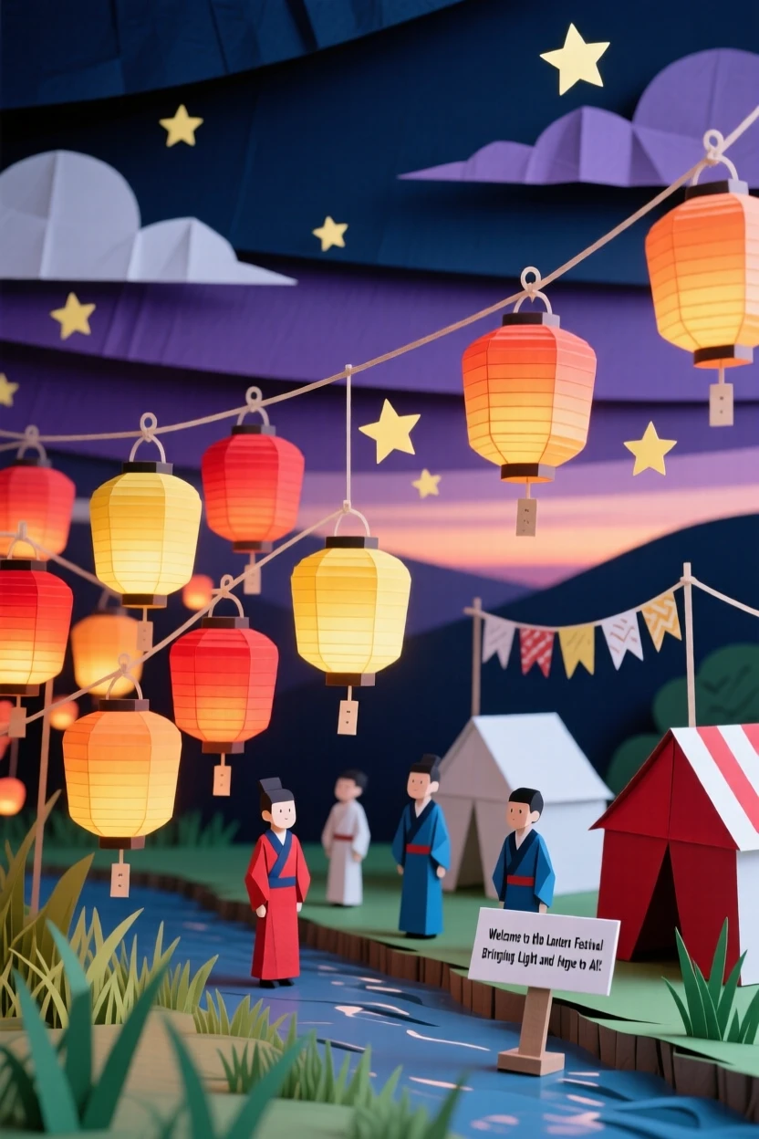 A traditional lantern festival with thousands of glowing paper lanterns released into a twilight sky, evoking hope and cultural wonder.