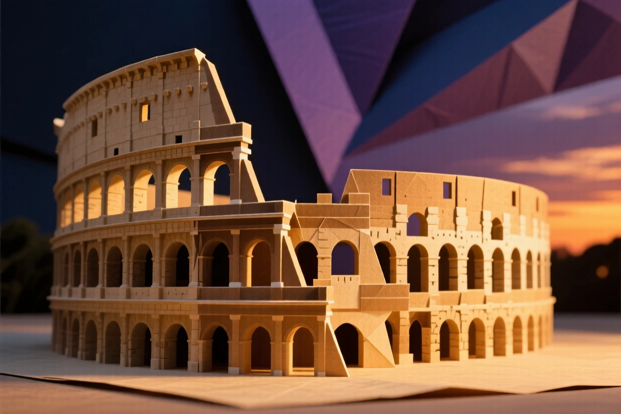 The Colosseum in Rome glowing warmly under a dramatic evening sky.
