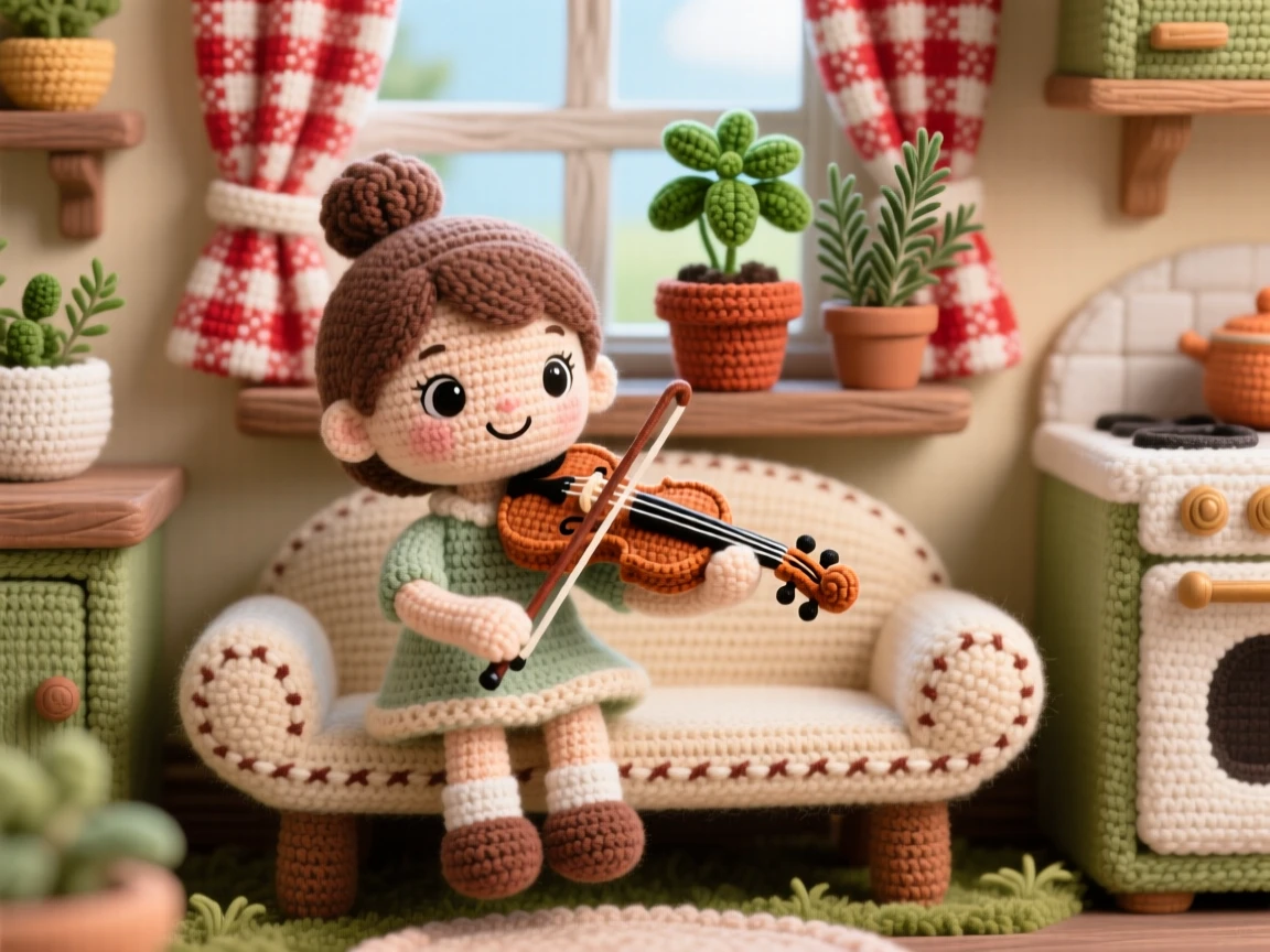 A charming scene of a little girl violin prodigy with a bow held mid-stroke, practicing softly on a garden bench inside a cozy cottage kitchen with checkered curtains; a potted herb garden on the sill adds to the moment, full of comforting familiarity and small-town charm.