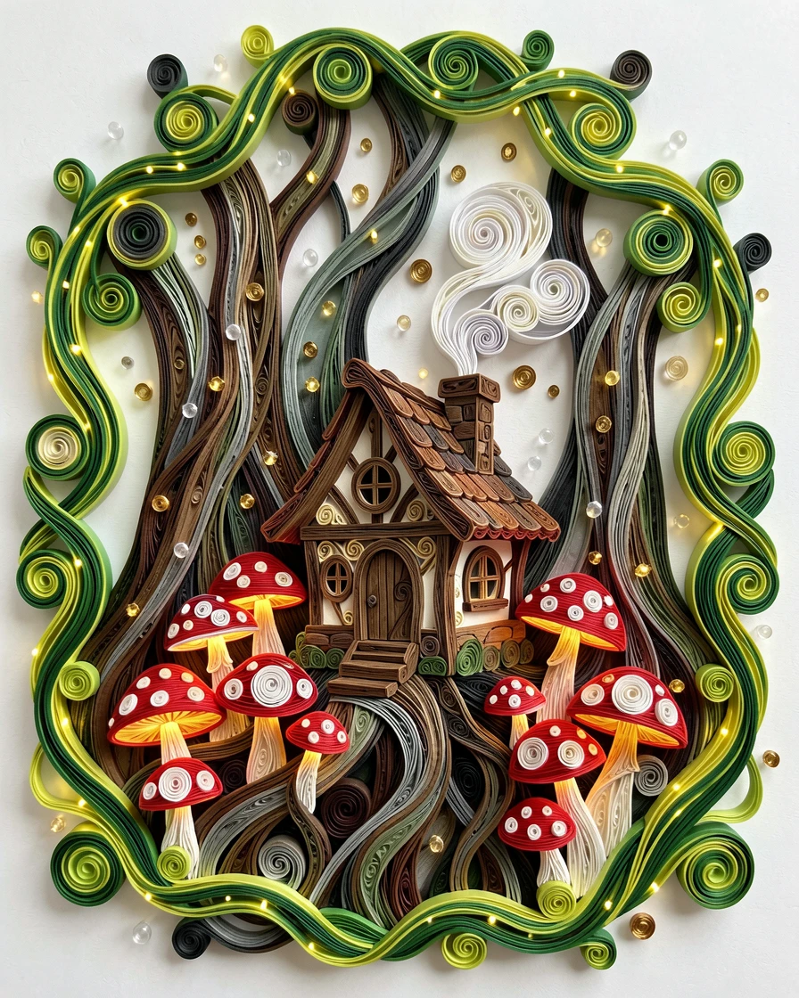 A magical fantasy scene of a witch's cottage nestled among glowing toadstools within a cathedral of ancient twisted roots, with tiny sparkling motes of light drifting through the air, framed by an arch of twisting glowing vines.