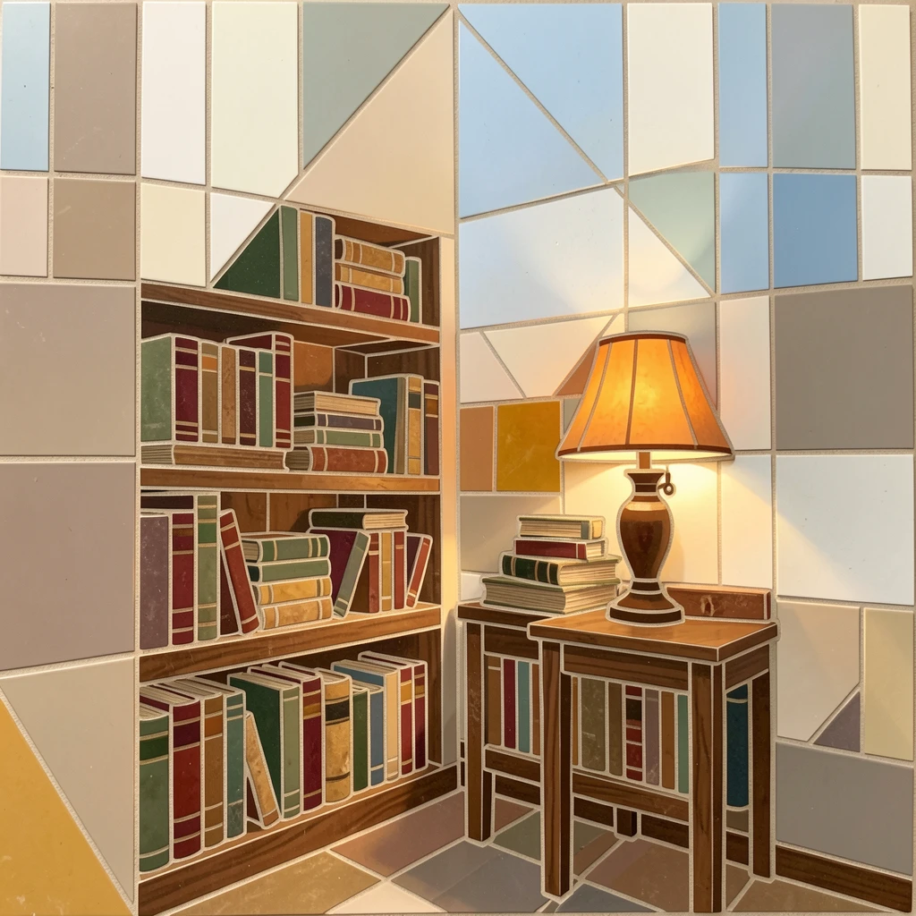 A charming, nostalgic scene of a cozy bookstore corner with stacks of old books and warm lamp light, evoking calm and comfort.