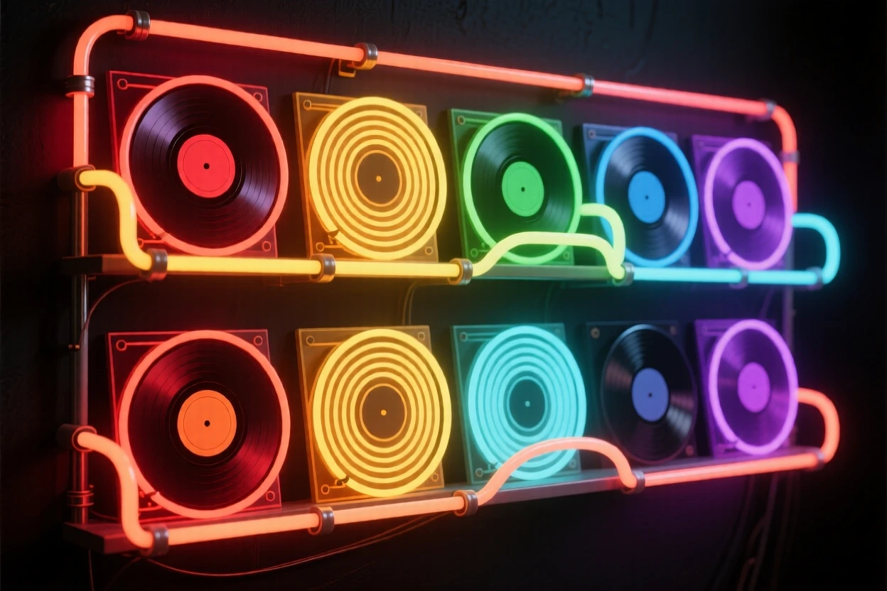 A rack of vintage vinyl records organized by color.