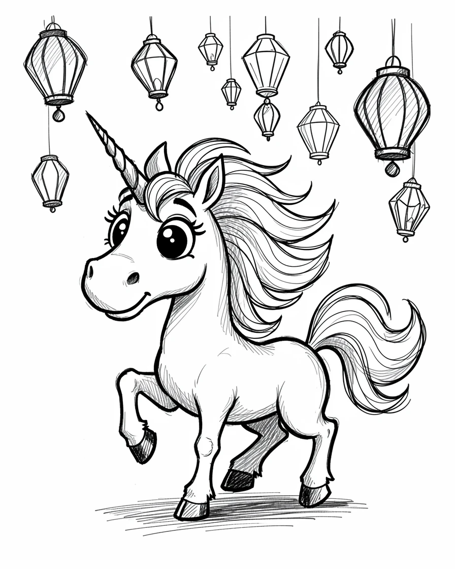 A unicorn with a flowing mane under a sky full of floating lanterns.