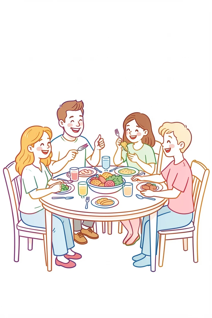 A family gathered around a dinner table sharing a home-cooked meal.