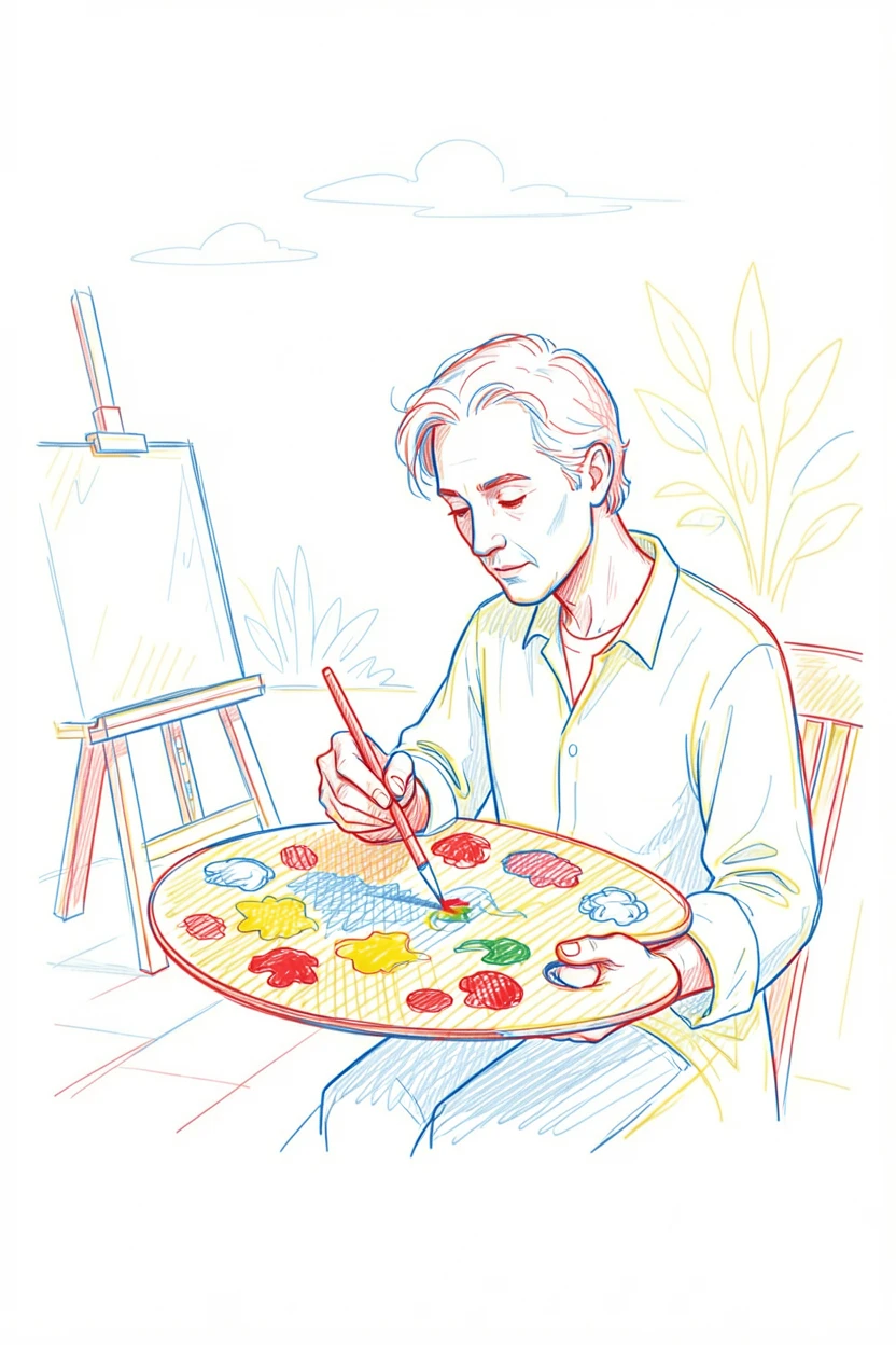 A painter mixing vivid colors on a palette in an open-air studio