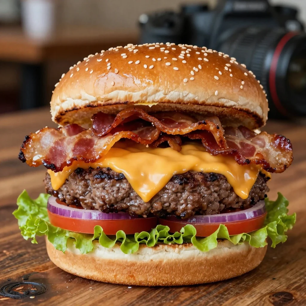A gourmet burger stacked high with melted cheese and bacon