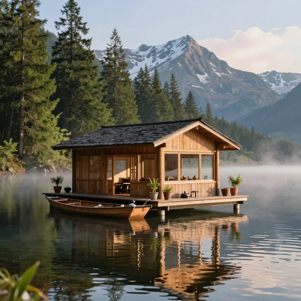 A floating tea house sits anchored in the center of a calm mountain lake.