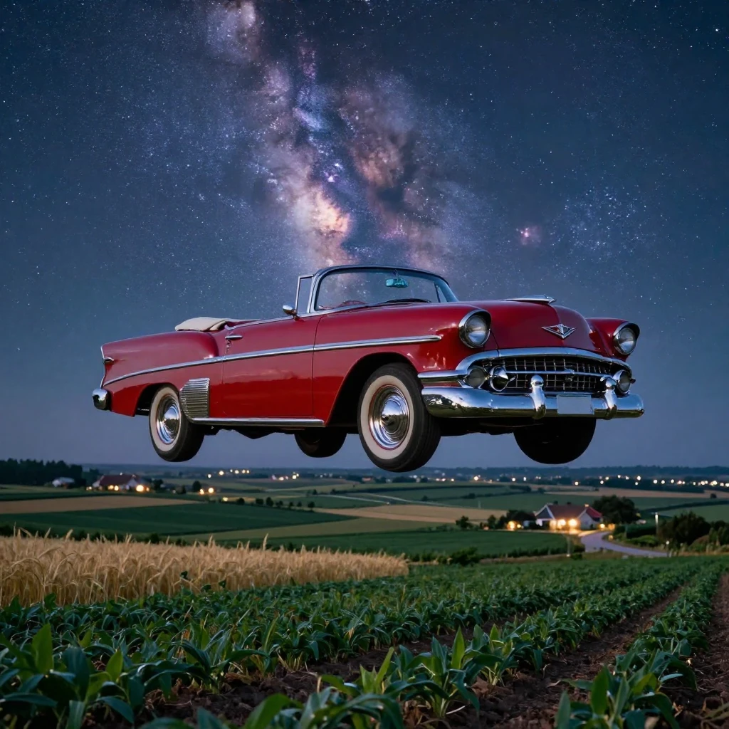A gleaming vintage automobile drifting above a patchwork of fields beneath a canopy of stars