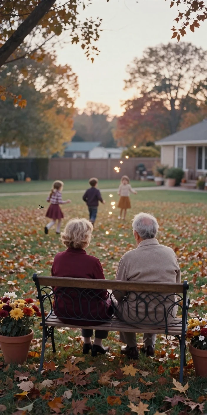 Grandparents watching grandchildren chase fireflies in a backyard, in warm morning light, in crisp, dry air, in the mild days of early autumn, with rich burgundy and gold accents, from behind, looking toward the horizon.