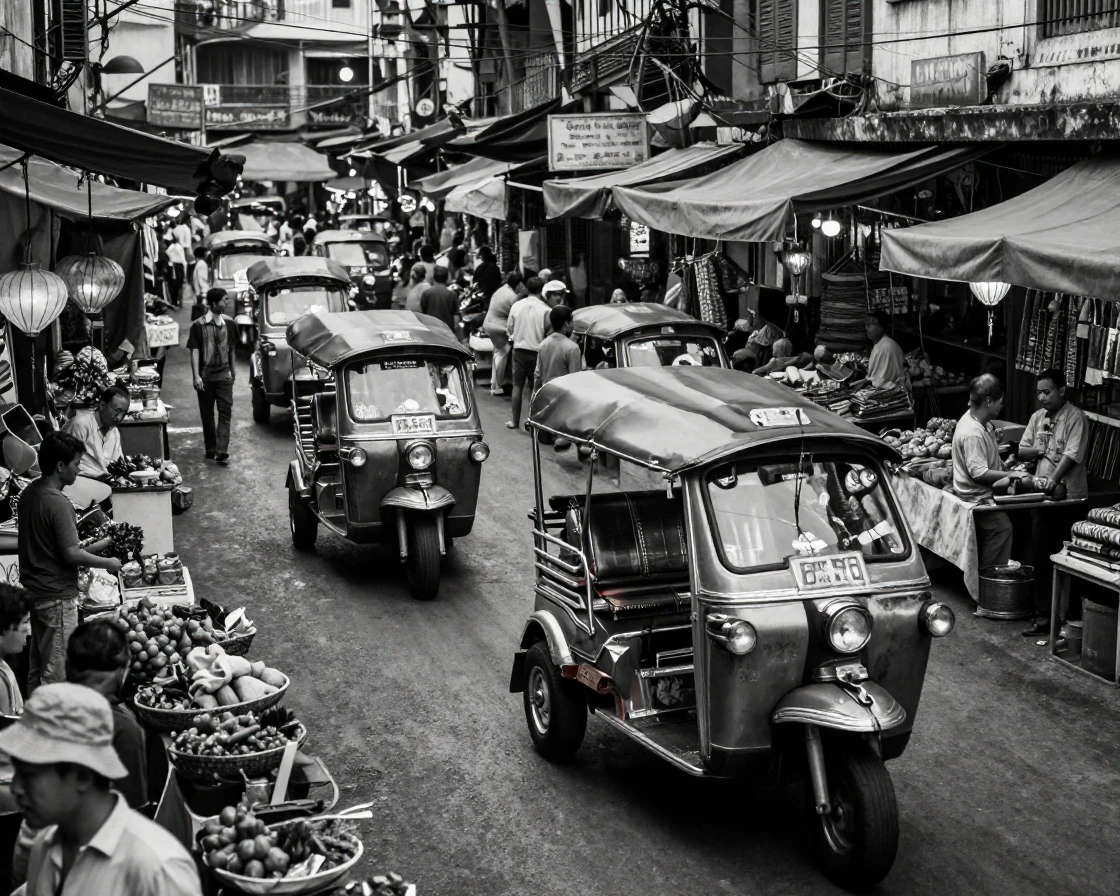 A fleet of tuk-tuks weaves through a crowded market street through a bustling Asian city.