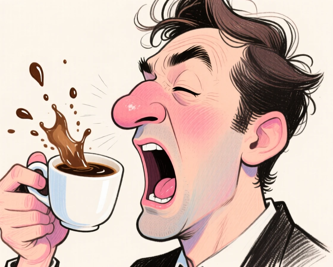 A man caught mid-sneeze while holding a full cup of coffee.