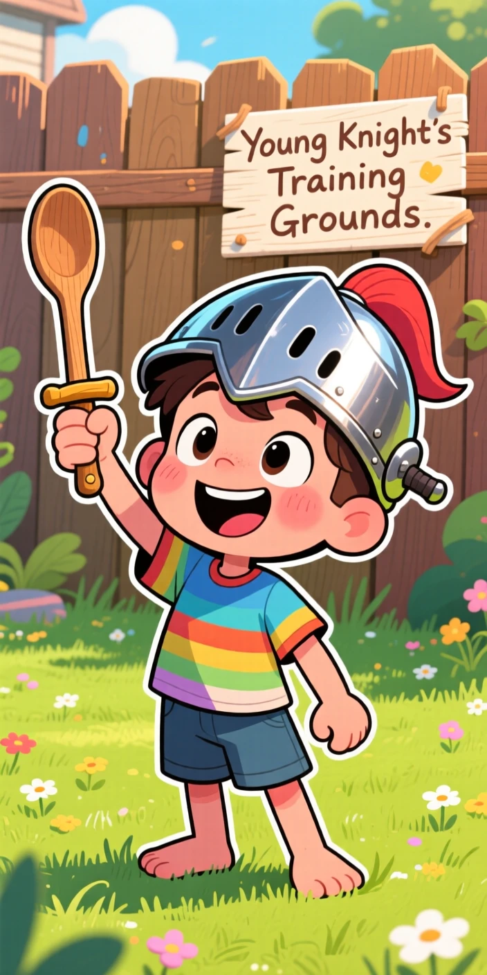 A playful childhood moment of a little boy proudly wearing a pot as a knight's helmet, wooden spoon as his sword.