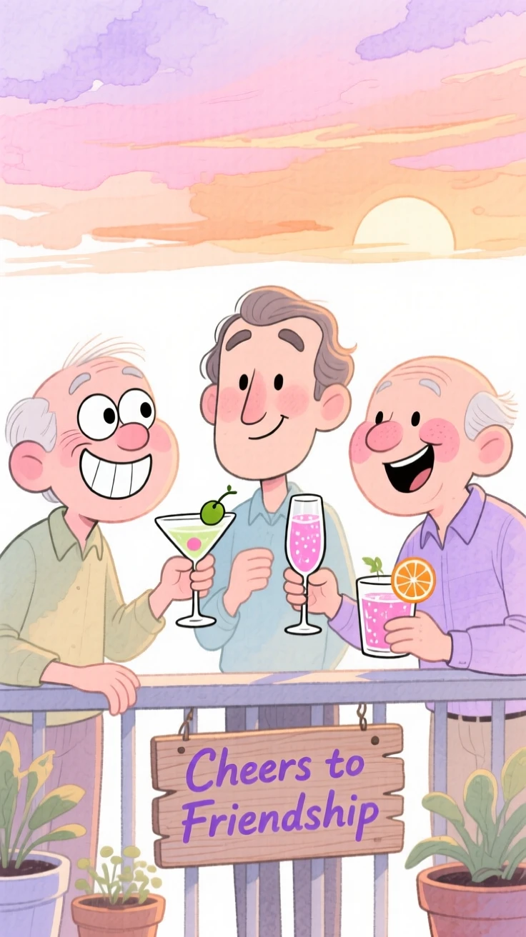 Old friends reuniting toasting cocktails on a rooftop terrace at sunset