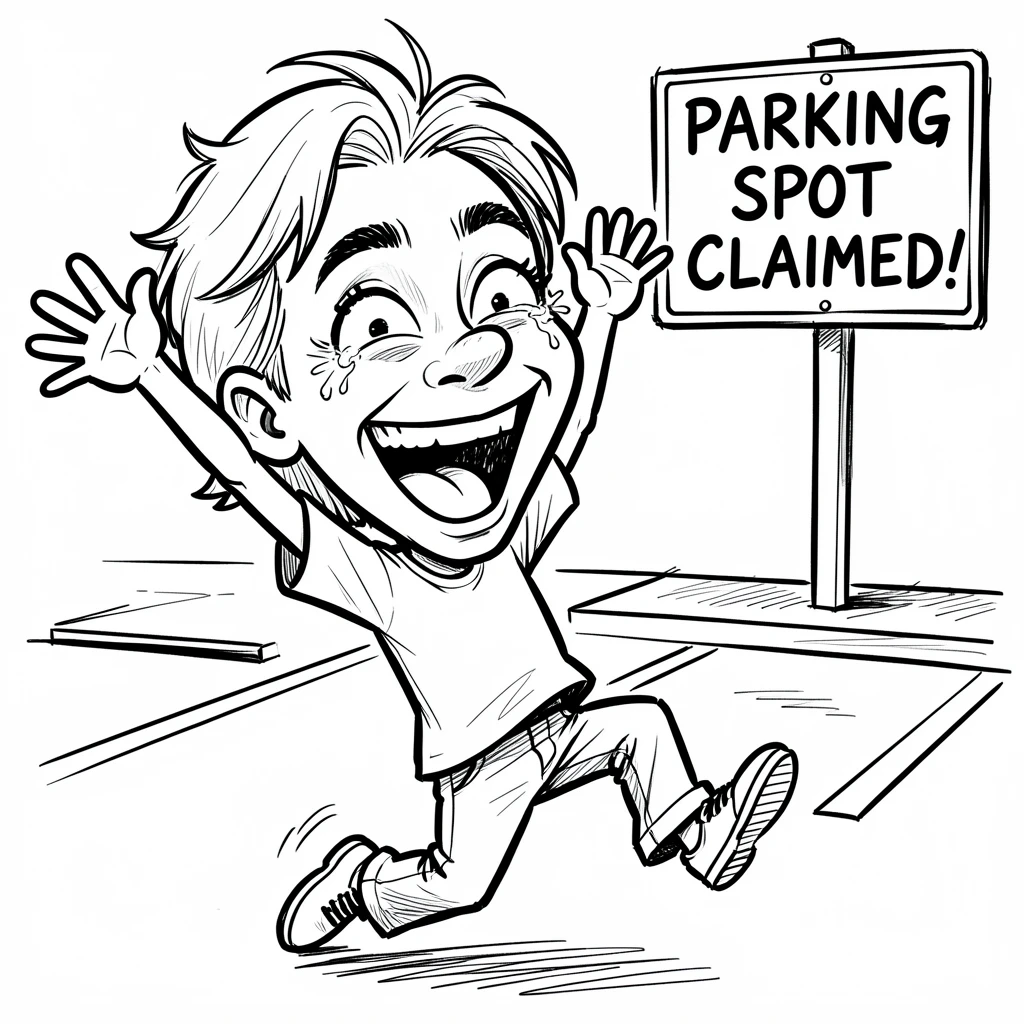 [Funny & Exaggerated Situations] Comical scene of a person overreacting with joy to finding a parking spot, exaggerated for maximum laughs