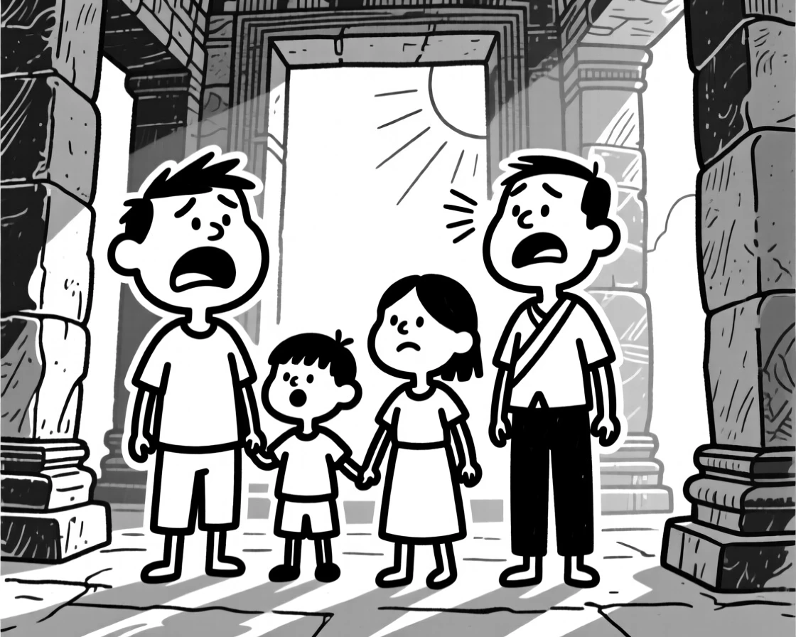 A family exploring an ancient temple in Cambodia, sunlight filtering through stone.