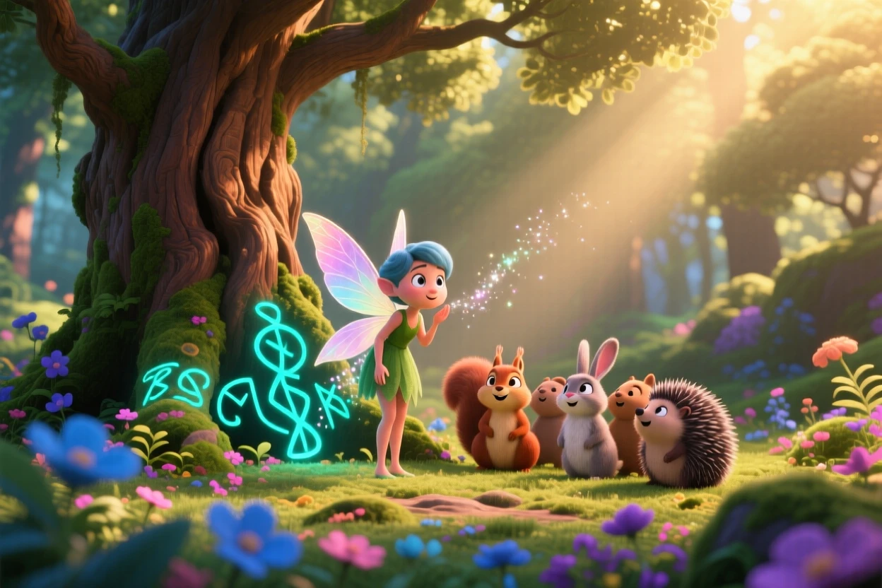 A curious fairy stands beside an ancient tree with glowing runes carved into its bark, whispering to woodland creatures gathered nearby. A gentle sense of wonder radiates through the air, with a trail of glimmering dust following each step.