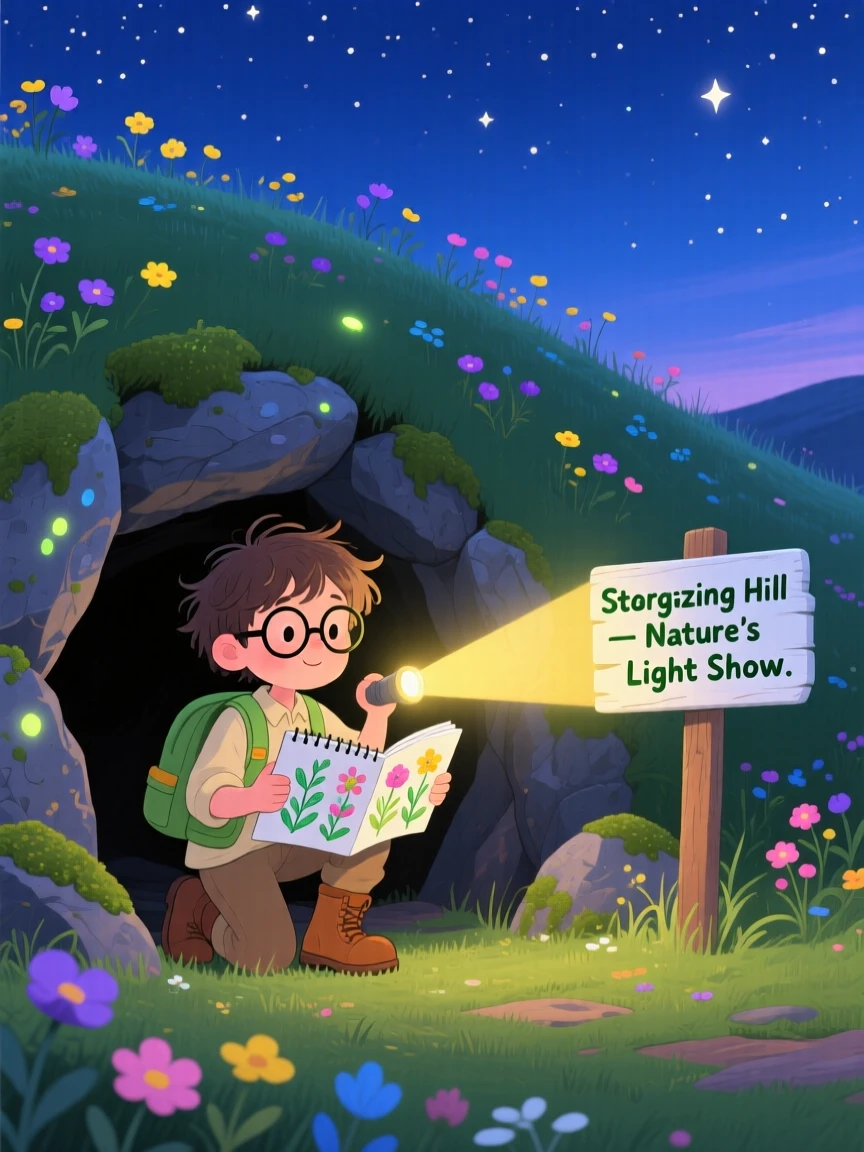 A young botanist with a sketchbook spends the day exploring a cave lit by a single flashlight through a stargazing hilltop, as wildflowers sway in the breeze.