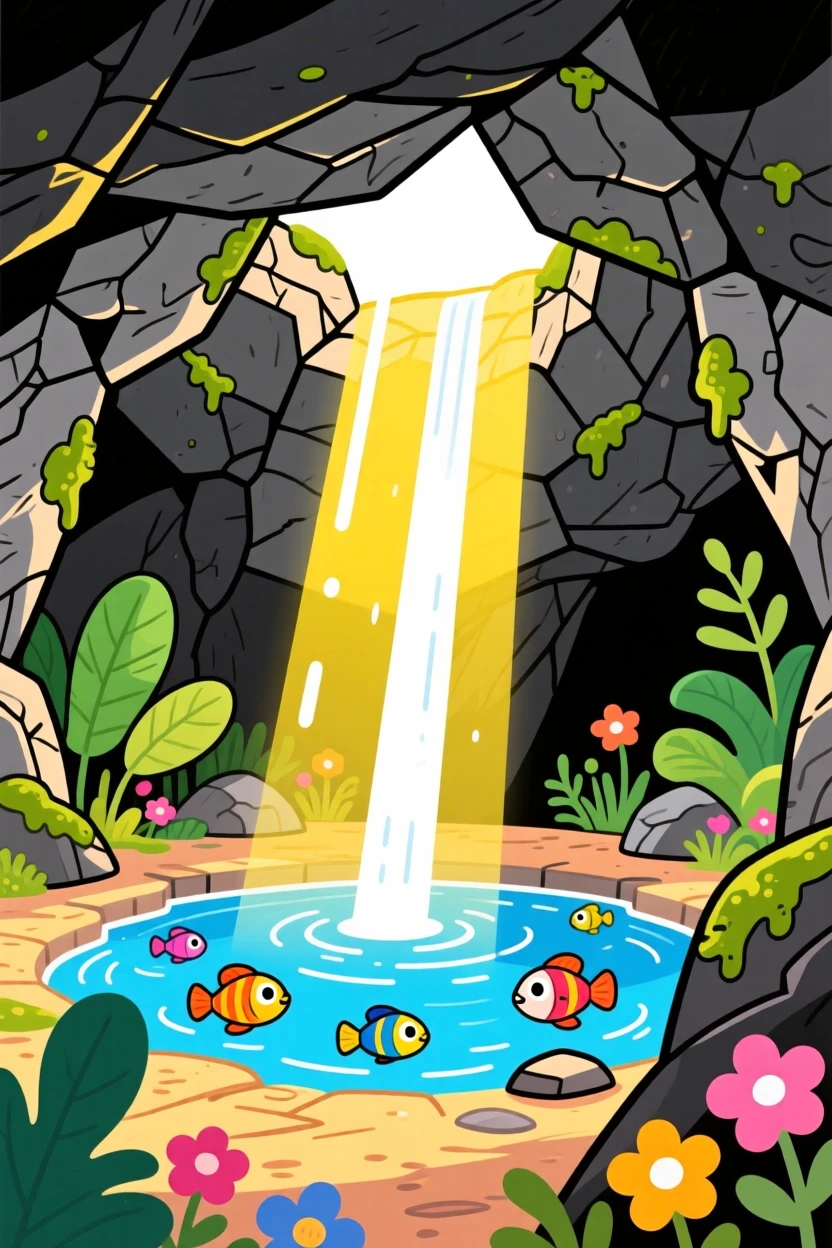 A hidden grotto with sunlight streaming through an opening above.