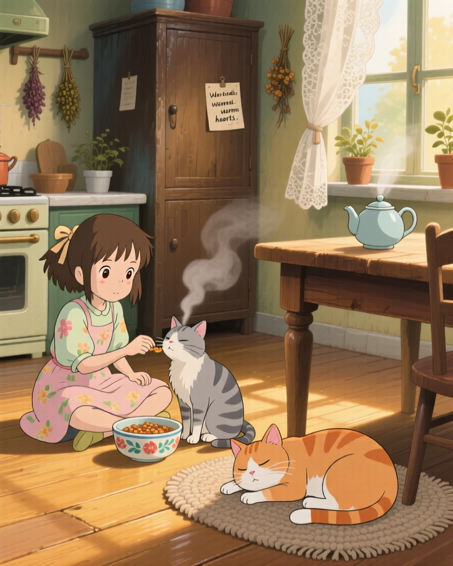 A girl feeding a cat on a warm kitchen floor, a cat curled up nearby, half asleep, the whole scene feeling warm and comforting.