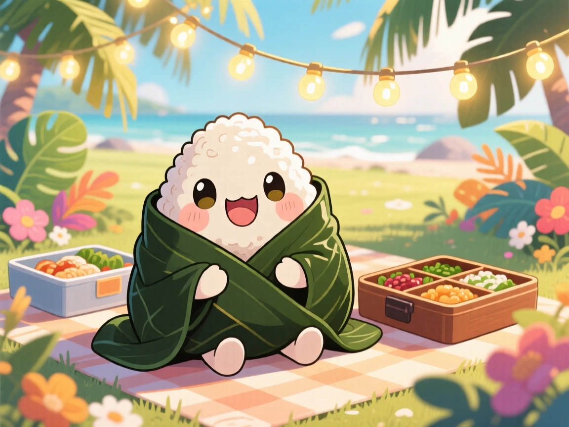 Medium shot: a smiling rice ball character, wrapped snugly in a seaweed blanket, set against a bento box picnic on a warm tropical afternoon, with glowing string lights and a mood of warm affection.