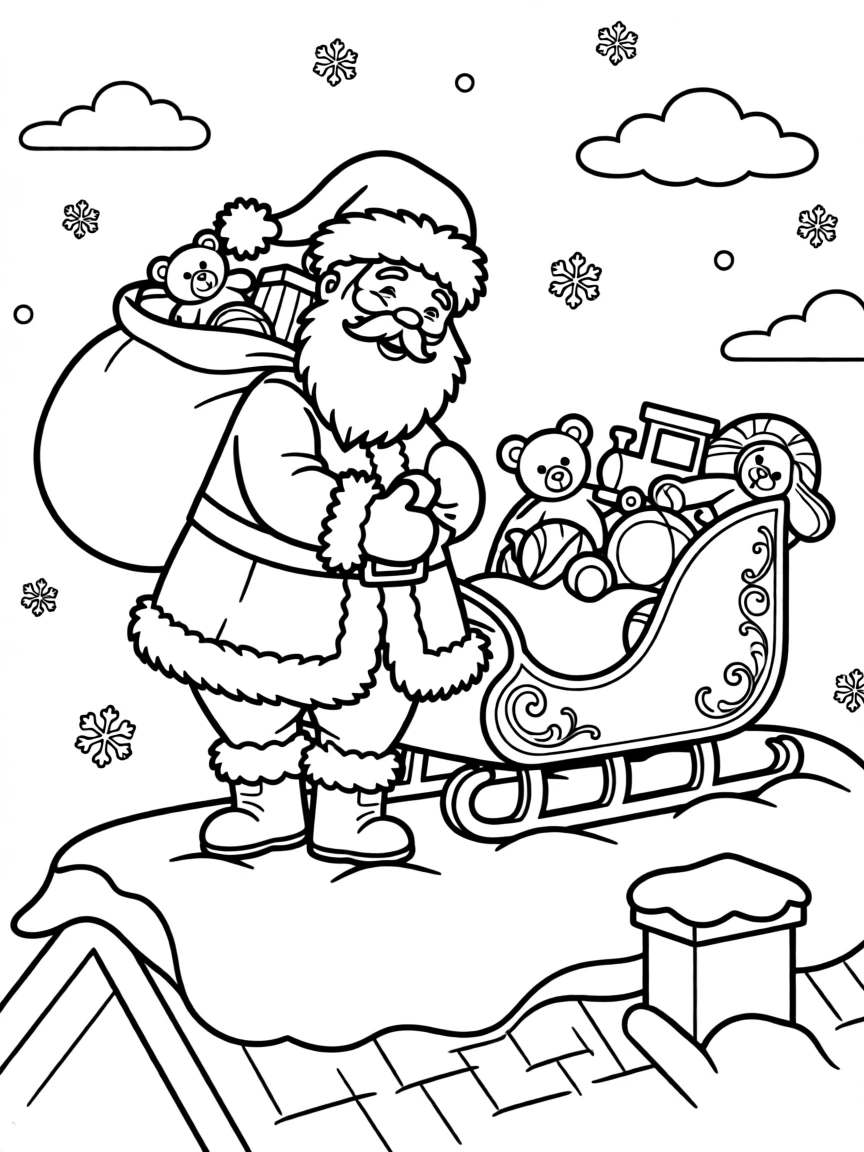 Santa Claus loading his sleigh with toys on a snowy rooftop