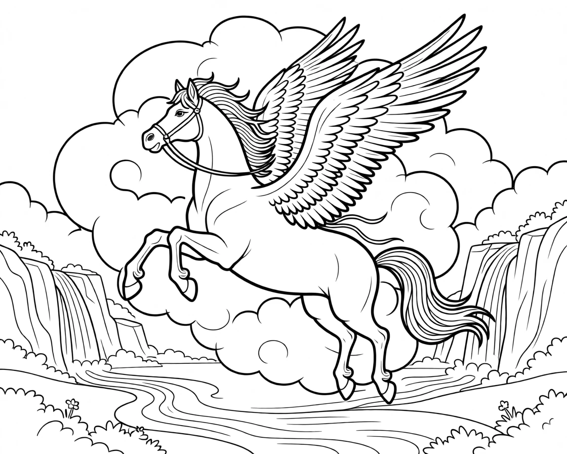 A pegasus flying through storm clouds, with waterfalls cascading down distant cliffs.