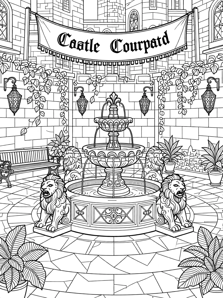 A castle courtyard with a fountain guarded by carved stone lions.