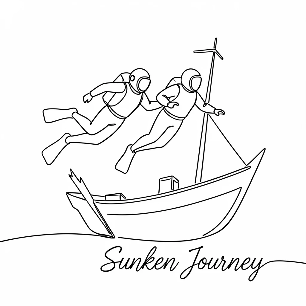 A pair of divers exploring a sunken shipwreck on the ocean floor
